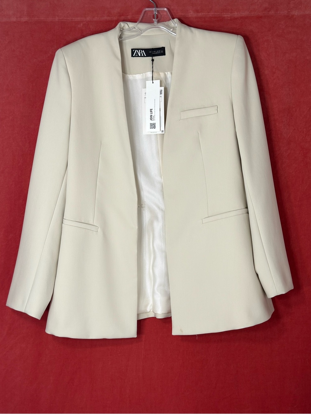 ZARA Ivory Lapelless Open Blazer Jacket Size L